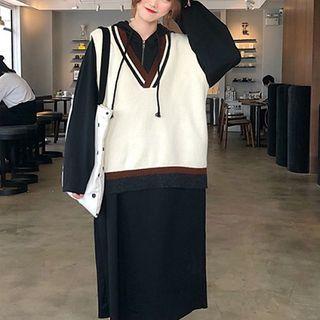 Drawstring Hoodie Dress / V-neck Striped Knit Vest