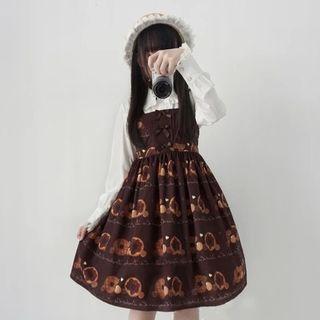 Bow Accent Blouse / Printed Pinafore Dress
