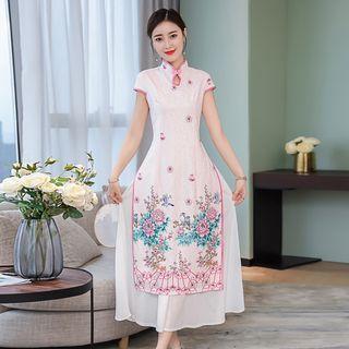 Patterned Short Sleeve Midi Qipao