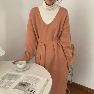 V-neck Midi Sweater Dress Nude Pink - One Size