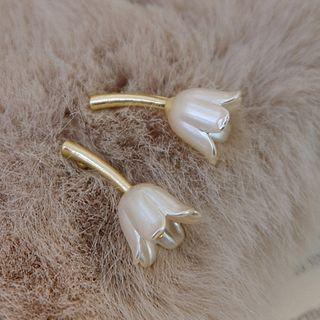 Flower Alloy Earring 1 Pair - Silver Stud - Gold & White - One Size