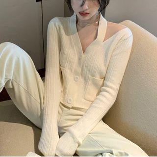 Long-sleeve Cutout Button-up Cropped Knit Top