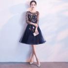 3/4-sleeve Floral A-line Evening Dress