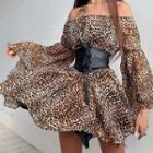 Bell-sleeve Off-shoulder Lace-up Print Mini Dress