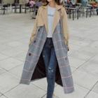 Double Breasted Plaid Long Coat Plaid & Khaki - M