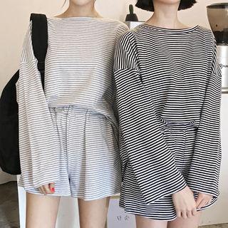 Set: Long-sleeve Stripe T-shirt + Band-waist Shorts