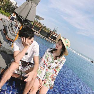 Couple Matching Floral Print 3/4 Sleeve Dress / Short Sleeve T-shirt / Gradient Shorts