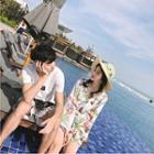 Couple Matching Floral Print 3/4 Sleeve Dress / Short Sleeve T-shirt / Gradient Shorts