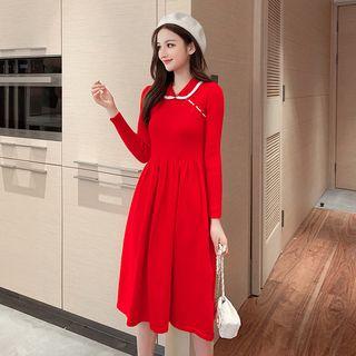 Collared Frog-button A-line Midi Knit Dress