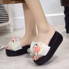 Rosette Bow-accent Platform Wedge Mule Sandals