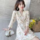 3/4-sleeve Lace Trim Print Mini A-line Dress