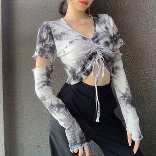 Long-sleeve Tie-dyed Ruched Crop Top