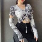 Long-sleeve Tie-dyed Ruched Crop Top