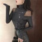 Mock-turtleneck Long-sleeve Sequined Top As Shown In Figure - One Size
