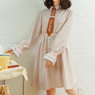Tie-waist Check Pattern Long-sleeve Dress