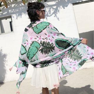 Print Shawl Pink Green Leaf - 180cm X 100cm