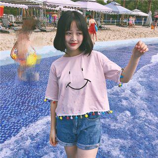 Short-sleeve Pompom Trim T-shirt