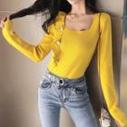 Square-neck Ruffle Trim Knit Top