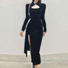 Long-sleeve Cutout Midi Sheath Qipao Dress