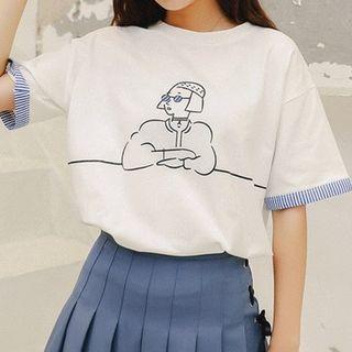 Elbow-sleeve Striped Trim Cartoon Print T-shirt
