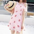 Cherry Embroidered Cut Out Shoulder Short Sleeve Dress