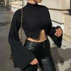 Stripe Round Neck Bell Sleeve Slit Top