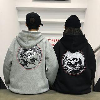 Couple Matching Crane Print Zip-up Hoodie