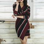 Long-sleeve V-neck Striped Dress