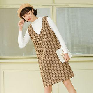 Set: Mock Neck Long-sleeve Knit Top + Houndstooth V-neck Pinafore Dress