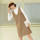 Set: Mock Neck Long-sleeve Knit Top + Houndstooth V-neck Pinafore Dress