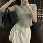 Short-sleeve Shirred Polo Shirt / A-line Skirt