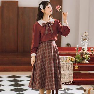 Set: Long-sleeve Ribbon Blouse + Plaid Skirt