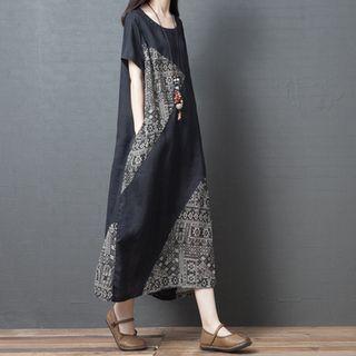 Paneled Short-sleeve Midi Shift Dress