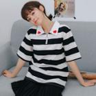 Heart Embroidered Collar Striped Short-sleeve Polo Shirt