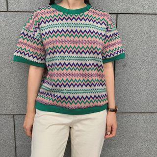 Short-sleeve Patterned Knit Sweater