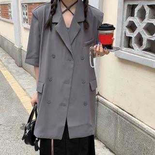 Short-sleeve Double-breasted Long Blazer Gray - One Size