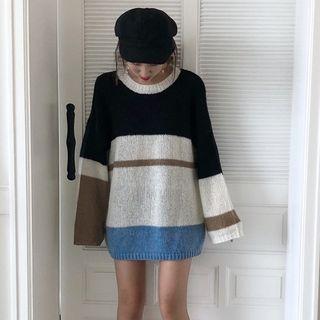 Striped Light Long-sleeve Knit Top As Shown In Figure - One Size