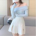 Long-sleeve Off-shoulder T-shirt / Pleated Mini A-line Skirt