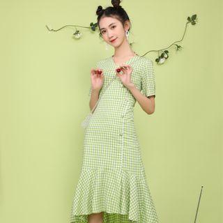Gingham Short-sleeve Ruffle Hem Midi A-line Dress