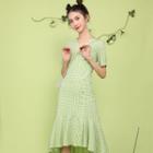 Gingham Short-sleeve Ruffle Hem Midi A-line Dress