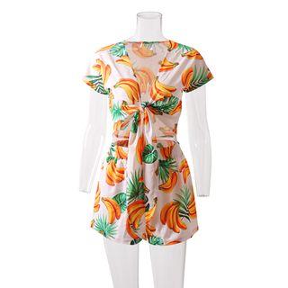 Set: Short-sleeve Fruit Print Front Knot Top + Shorts