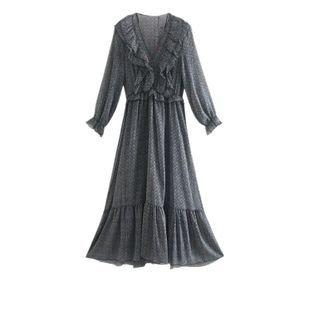 Long-sleeve Printed Ruffled Midi A-line Dress