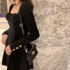 Square-neck Long-sleeve A-line Mini Velvet Dress Black - One Size