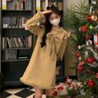 Long-sleeve Fluffy Trim Bow Accent Shift Dress