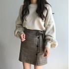 Plain Crew-neck Loose-fit Sweater / Plaid Skirt