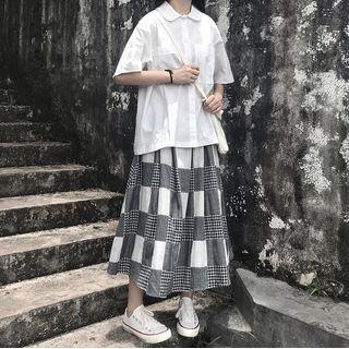 Plaid Midi A-line Skirt / Elbow-sleeve Shirt