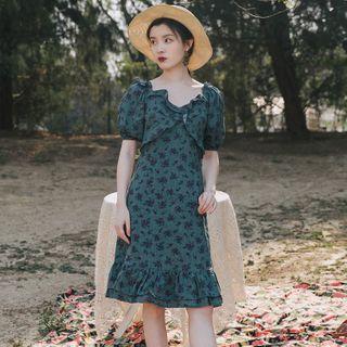 Puff-sleeve Floral Print Frill Trim A-line Dress