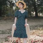 Puff-sleeve Floral Print Frill Trim A-line Dress