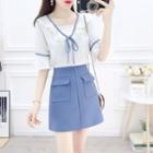 Set: Ruffled Elbow-sleeve Chiffon Top + Mini A-line Skirt