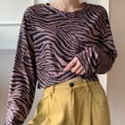 Long-sleeve Zebra Print T-shirt Pink & Coffee - One Size